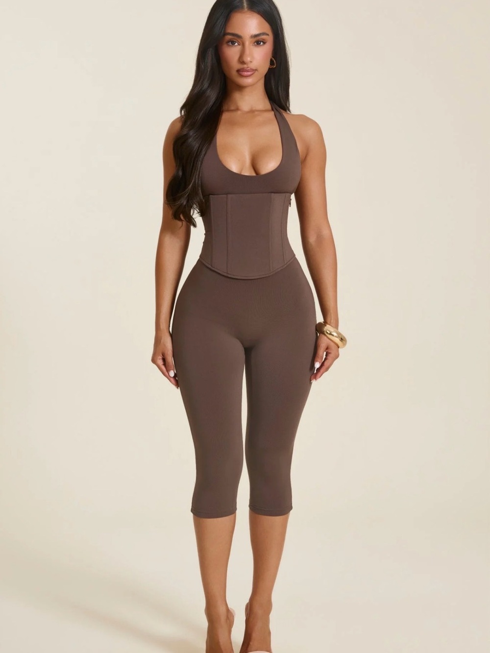 Sculpting Halter Capri Jumpsuit with Waist Cincher - Brown